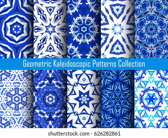 Blue backgrounds. Geometric flower seamless patterns. Abstract mandala graphic print. Psychedelic design elements for wallpaper, scrapbooking, fashion fabric, decorative pillows. Vector illustration.