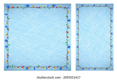 blaue Hintergründe mit Kratzreihen auf Eis und Rahmen mehrfarbiger Weihnachtsbeleuchtung für das Gartenland. Festlicher Winter, frostiger Hintergrund. Vektorgrafik