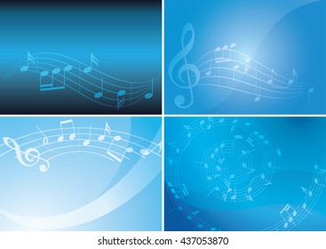 blue backgrounds with musical notes and gradient - vector set