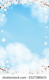 Fondo azul, azul celeste, nube con ramas de cerezo rosa, árbol y pájaros pequeños. Ilustración vectorial Lindo paisaje de primavera natural con flor sakura japonesa con espacio de copia para el Anuncio de Pascua