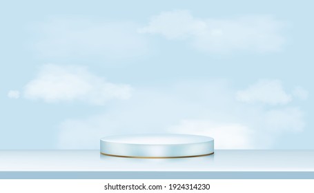 Blue background,Studio room background with 3d podium base  display stand,white fluffy clouds in blue Sky,Vector Backdrop minimal platform stage circle mockup for beauty,cosmetic product presentation 