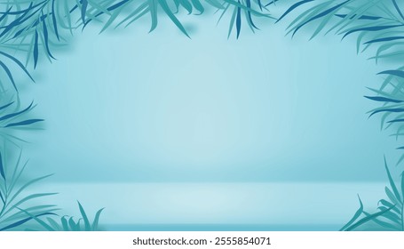 Blue background,Studio Room with light, palm leave shadow on wall for Summer product.3D Vector Minimal Backdrop with mockup podium display for Holiday vacation present, advertise on website banner