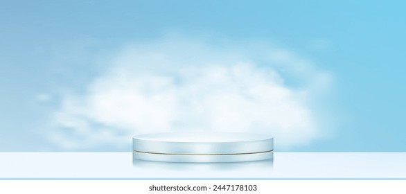 Fondo azul, sala de estudio con pantalla de podio, nube en el cielo, maqueta realista 3d de Vector con nubes esponjosas blancas para la presentación del producto en, Anuncio de telón de fondo de horizonte para primavera, cosmético de verano  