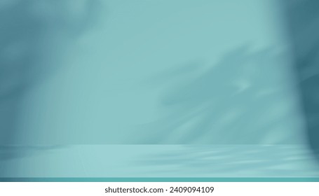 Fondo azul,Pantalla de pared de estudio con luz y sombra de hojas,Producto de mockup de fondo presentar fondo de podio,Primavera de vector,Plantilla de cartel de verano para venta con espacio de copia