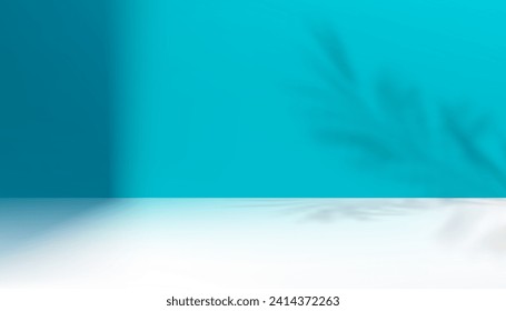 Blue Background,Studio Wall Room Display with light and Palm Leaves Shadow,Summer Background,Empty Blue,White Display room for product present,Banner with copy space for Vacation Holiday or Promote