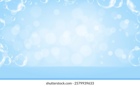 Blue Background,Summer studio background with 3d podium stand, blurry bokeh light, bubbles border frame on blue gradient for cosmetic product display presentation,Backdrop white spotlight on sky blue