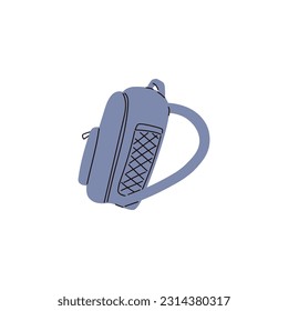 Blue backpack with black lines side view flat style, vector illustration isolated on white background. Tool for travel, school or college, carrying things, decorative design element