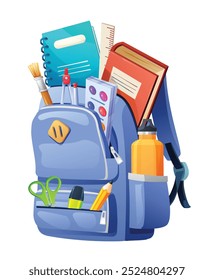 Blue backpack filled with books, water bottle, and stationery for school. Vector cartoon illustration