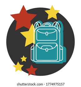 Blue backpack icon is isolated on a dark background. Red and yellow stars. School backpack or travel, walking, Hiking, camping.