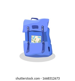 Blue backpack with map. Cartoon simple style. Colorful isolated flat vector illustration on white background