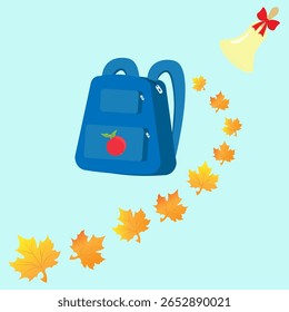 Mochila azul sobre un fondo azul con hojas de arce de otoño y una campana. Concepto de regreso a la escuela