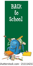 Blue Backpack and School Supplies on white background. Back to School Decoration.  Great design for advertising or card. Great illustration for a school books and more. VECTOR. Editorial. Education.