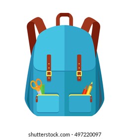 Blue backpack schoolbag icon in flat style. Hiking backpack. Kids backpack with school supplies, education and study school, rucksack, urban backpack vector illustration on white background