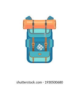 Blue backpack with sleeping mat isolated hiking and camping sport bag. Vector traveling rucksack or haversack with camp gear, tourist knapsack with metal mug or cup in pocket, travel accessory