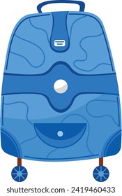Blue backpack wheels for easy travel, rolling luggage. Backpack map pattern, storage for adventure, travel gear.