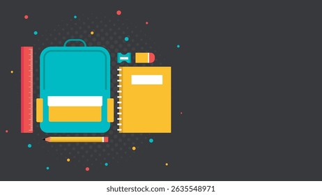 A blue backpack with a yellow ruler and a yellow notebook. The backpack is on a black background