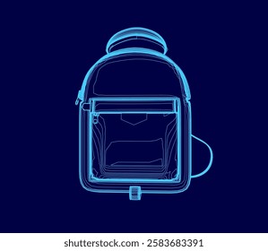 A blue backpack with a zipper pocket. The backpack is shown in a blue color scheme