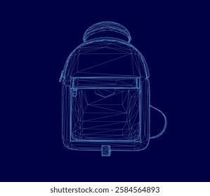 A blue backpack with a zipper pocket and a strap. The backpack is shown in a stylized, 3D form