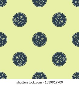 Blue Bacteria icon isolated seamless pattern on yellow background. Bacteria and germs, microorganism disease causing, cell cancer, microbe, virus, fungi.  Vector Illustration