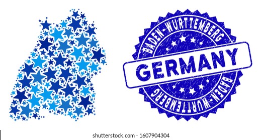 Blue Baden-Wurttemberg Land map collage of stars, and distress round stamp. Abstract geographic scheme in blue shades. Vector Baden-Wurttemberg Land map is designed of blue stars.