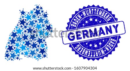 Blue Baden-Wurttemberg Land map collage of stars, and distress round stamp. Abstract geographic scheme in blue shades. Vector Baden-Wurttemberg Land map is designed of blue stars.