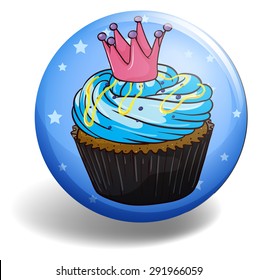 Blue badge with a cupcake decorated with a pink crown	 design 