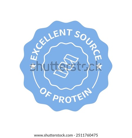 Blue badge with excellent source of protein text, healthy nutrition concept