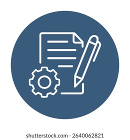 Blue badge features document creation process. Icon symbol illustration