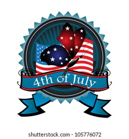 Blue badge with the flag of the United States of America, a butterfly with wings colored in blue and red, and the text fourth of July written with white letters