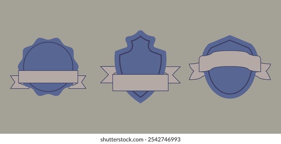 Emblema azul e conjunto de vetor de etiqueta com modelos de fita em branco para desenhos clássicos e clássicos personalizáveis no formato EPS