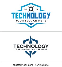 Blue badge logo shield icon compass direction symbol modern design suitable for technology consulting healthcare security north
