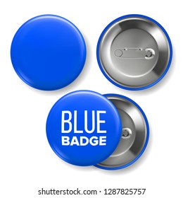 Blue Badge Mockup Vector. Pin Brooch Blue Button Blank. Two Sides. Front, Back View. Branding Design 3D Realistic Illustration