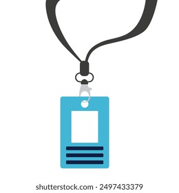 Blue badge on a black ribbon. Tag, wear around the neck, place your photo and name, personal information, pass, member of the team, carbine, plastic or paper. Vector illustration