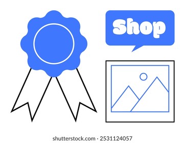 Blue badge, speech bubble with word Shop, and image of mountains with sun in simple line art. Ideal for e-commerce, awards, online stores, business branding, website design. Simple vector style