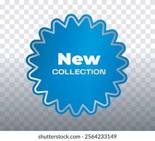 Blue badge with text New Collection on transparent background. Spiky star-shaped design for promotion, marketing, and advertisement materials. Vector illustration