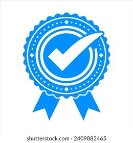 Vector de placa azul con una garrapata blanca en el centro. En el centro de la insignia se encuentra una gran marca de verificación blanca, lo que significa aprobación o éxito. El concepto simboliza la concesión o certificación