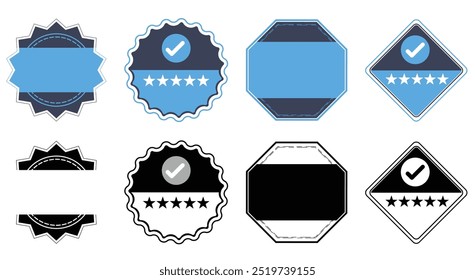 Insignias, rótulos y sellos azules en varias Formas, incluidas estrellas y marcas de verificación, adecuados para fines de marca y promocionales. Estos diseños transmiten confianza y calidad.