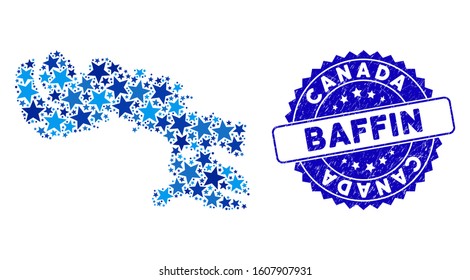 Blue Baffin Island map collage of stars, and grunge rounded stamp. Abstract territorial plan in blue color tones. Vector Baffin Island map is formed of blue stars.