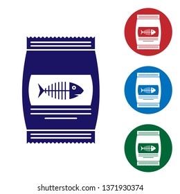 Blue Bag of food for cat icon isolated on white background. Fish skeleton sign. Food for animals. Pet food package. Set color icon in circle buttons. Vector Illustration