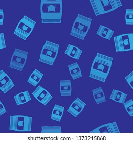 Blue Bag of food for cat icon isolated seamless pattern on blue background. Food for animals. Pet food package. Vector Illustration