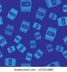 Blue Bag of food for cat icon isolated seamless pattern on blue background. Fish skeleton sign. Food for animals. Pet food package. Vector Illustration