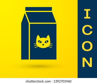 Blue Bag of food for cat icon isolated on yellow background. Food for animals. Pet food package. Vector Illustration