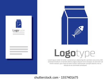 Blue Bag of food for cat icon isolated on white background. Fish skeleton sign. Food for animals. Pet food package. Logo design template element. Vector Illustration