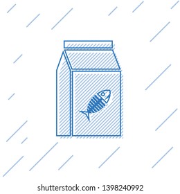 Blue Bag of food for cat line icon isolated on white background. Fish skeleton sign. Food for animals. Pet food package. Vector Illustration
