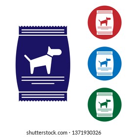 Blue Bag of food for dog icon isolated on white background. Food for animals. Pet food package. Set color icon in circle buttons. Vector Illustration