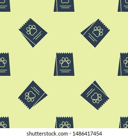 Blue Bag of food for dog icon isolated seamless pattern on white background. Dog or cat paw print. Food for animals. Pet food package.  Vector Illustration