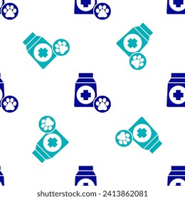 Blue Bag of food for dog icon isolated seamless pattern on white background. Dog or cat paw print. Food for animals. Pet food package.  Vector