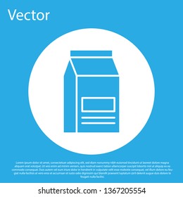 Blue Bag of food icon isolated on blue background. Food for animals. Pet food package. White circle button. Vector Illustration