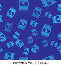 Blue Bag of food for pet icon isolated seamless pattern on blue background. Food for animals. Pet food package. Dog or cat paw print. Vector Illustration