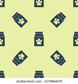 Blue Bag of food for pet icon isolated seamless pattern on yellow background. Food for animals. Pet food package. Dog or cat paw print.  Vector Illustration